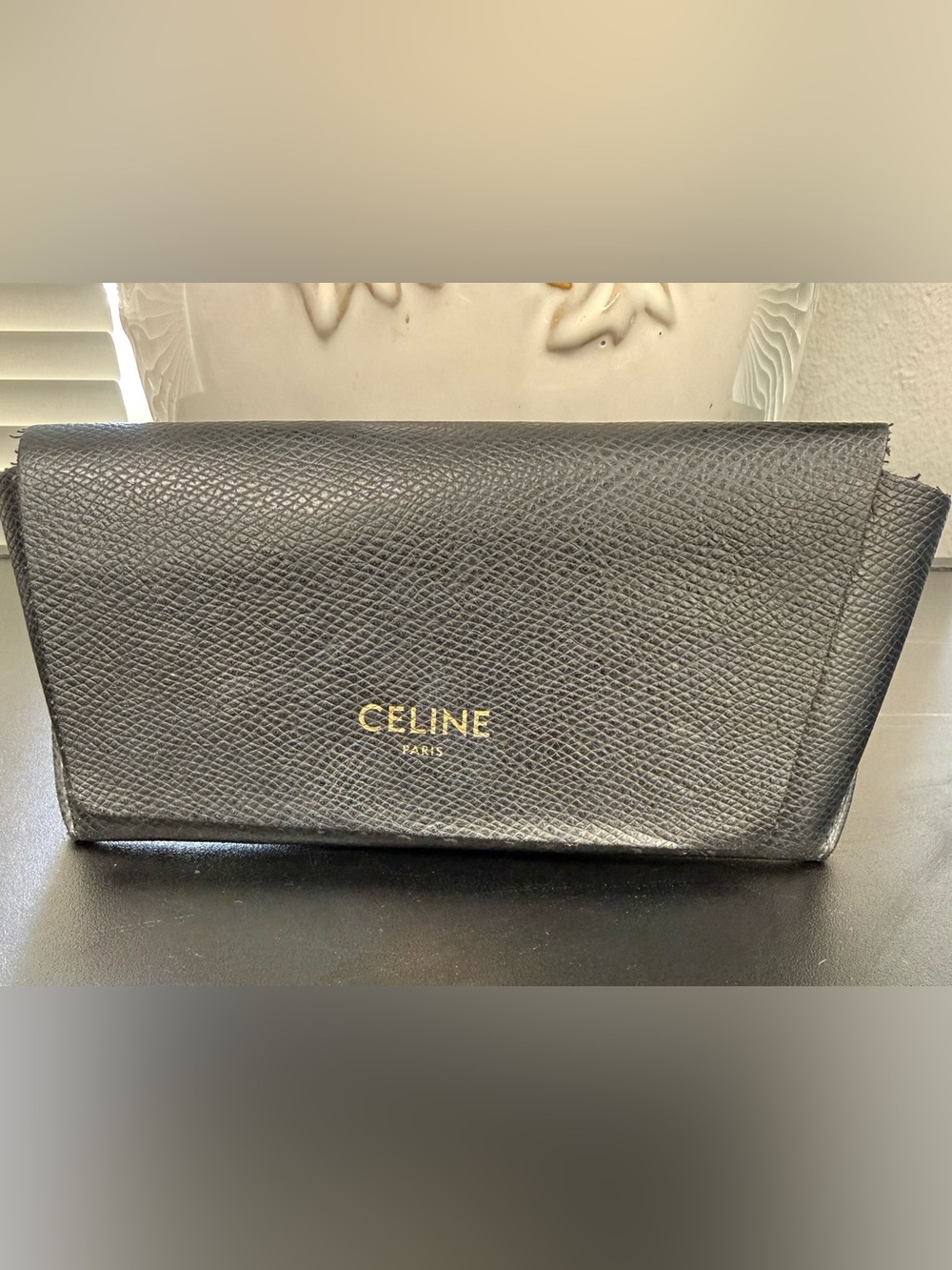 Celine Sunglass Case Pebble Leather Black with Gold Logo